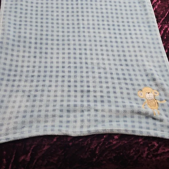 Blue Checkered Baby Blanket with Monkey Design - Picture 3 of 3